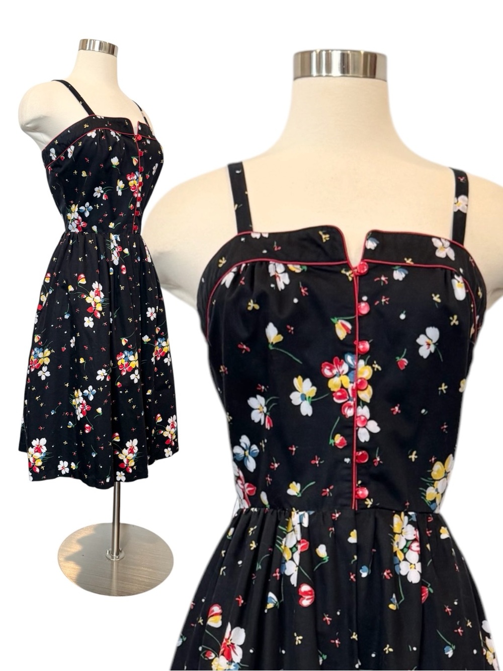 Vintage 70s 80s Milkmaid Black Red Yellow Floral Sundress Summer Party Dress